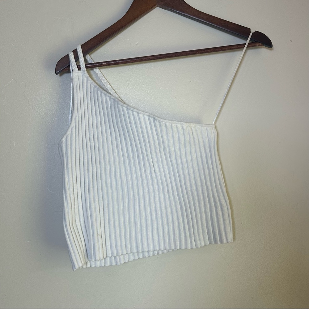 525 White One‎ Shoulder Ribbed Knit Tank Top S